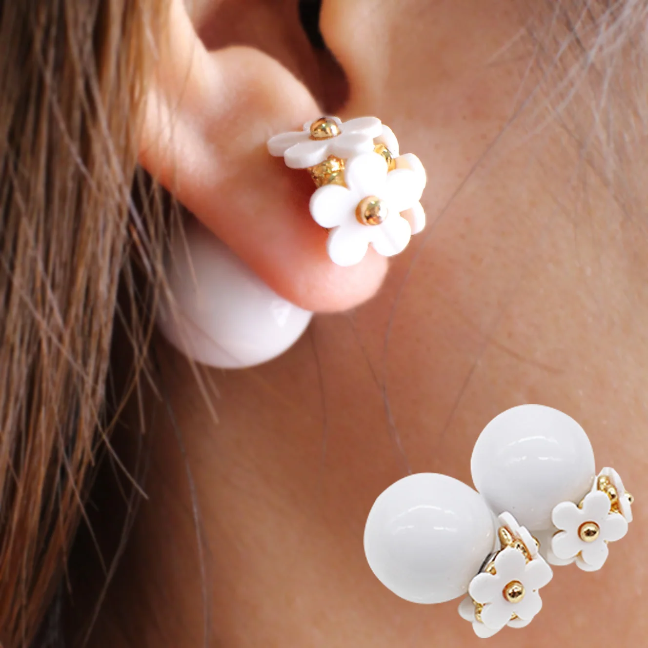 

2019 new simulated pearl flower Earrings light cute korea two ball Jewelry Double side Stud Earring candy romantic wholesale