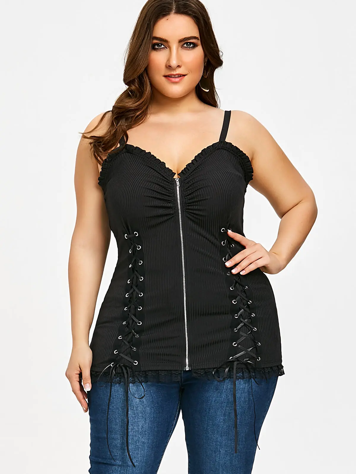 

Wipalo Gothic Criss Cross Zipper Up Plus Size Slip Top Summer Punk Spaghetti Strap Sleeveless Women Cami Lace-Up Ladies Top 5XL