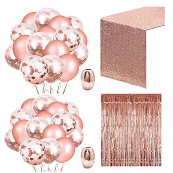 

Rose Gold Dining Table Wedding Decoration Set Latex Balloons Tablecloths Rain Curtains Birthday Party
