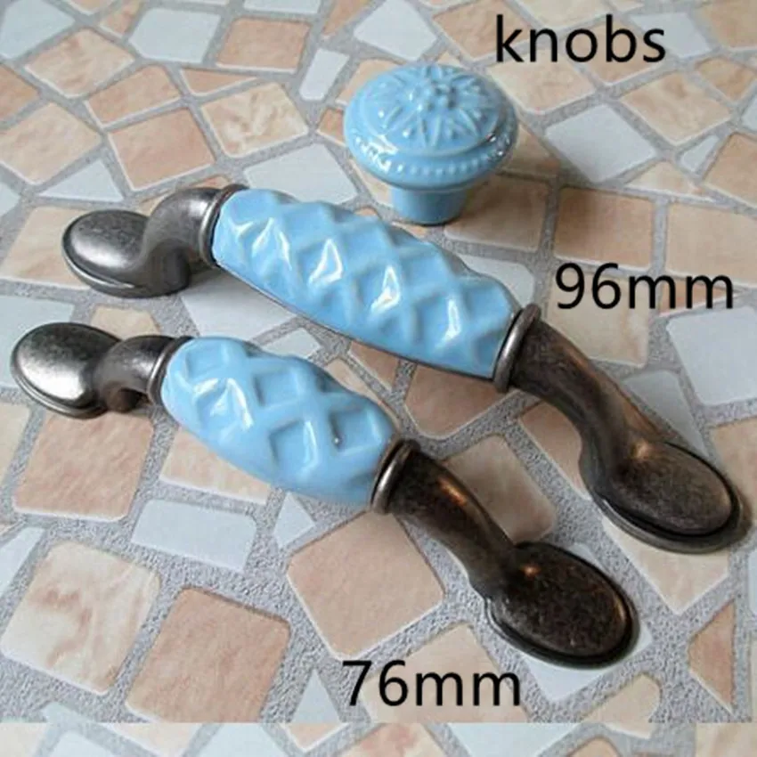 96MM Blue dresser handles Drawer knobs pulls ceramic kitchen