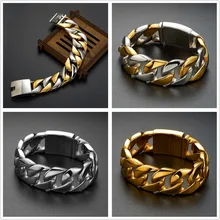 Хип-хоп мужской браслет 316L Нержавеющая сталь тяжелый 26 мм широкий золотой тон Снаряженная кубинская цепь браслет для мужских ювелирных изделий 8 ''-11'' дюймов