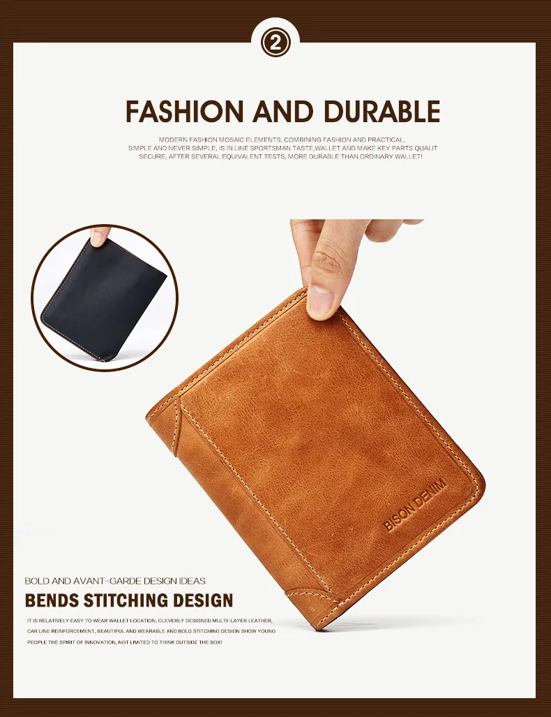 BISON DENIM Genuine Leather RFID wallet Men red brown vintage purse card holder Brand men wallets dollar price Male Purse 4361