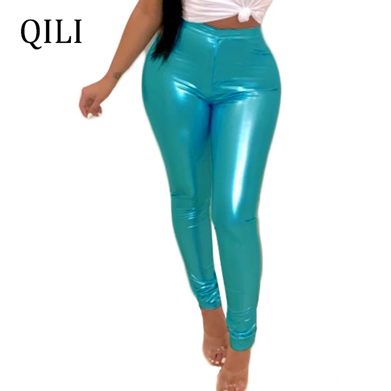 

QILI Women Bronzing Pencil Pants Trousers Mint Color Elastic Waist Mid Waist Skinny Long Pants Fashion Casual Women Pants Bottom