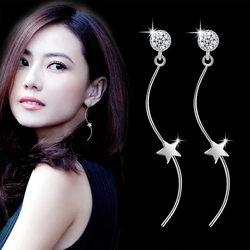 New Luxury Women Jewelry Long Dangle Earing Silver Color Star Pendant