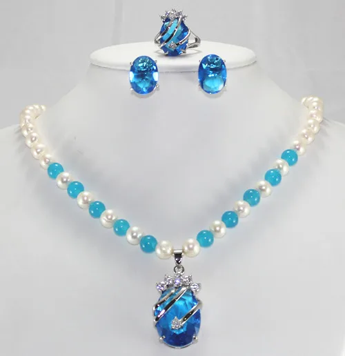

Wholesale charming mixed white shell pearl and blue jade + crystal earring & ring fashion jewelry set>>004 (D)