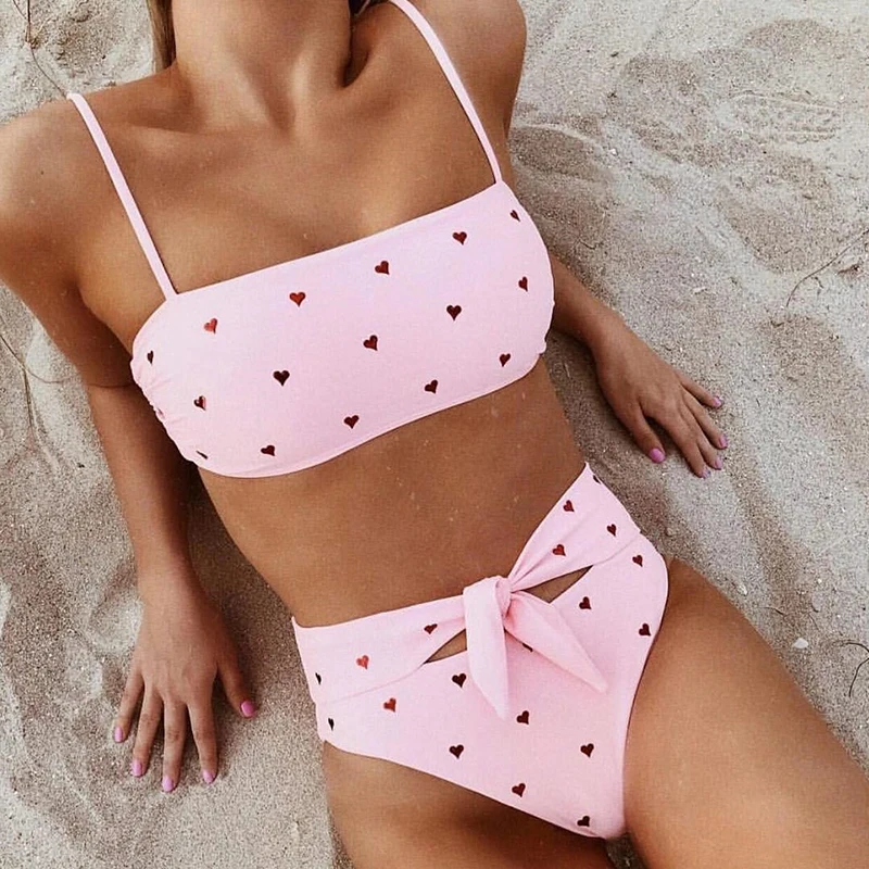 

High Waist Bikini Sexy Bandeau Print Swimsuit Beachwear Bathers Summer Bathing Suit Push Up Swimwear For Women Pink Bikinis Set