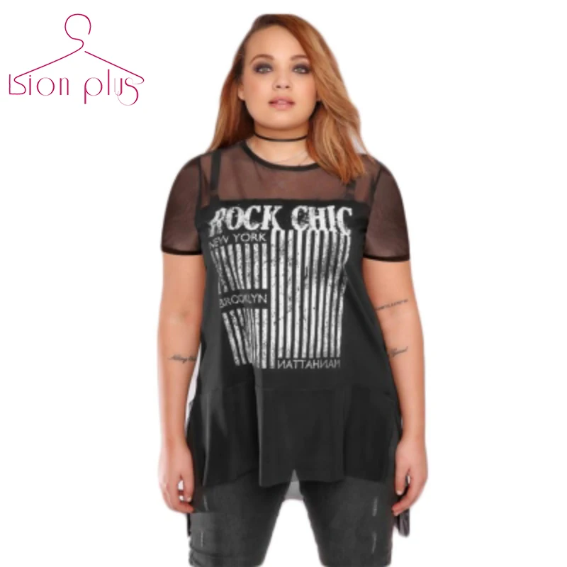 

Long Persective tshirt women Plus Size 2017 Summer Letter Print Mesh Patchwork Short Sleeve T Shirt Women Big Sizes 5XL 6XL 7XL