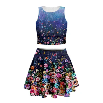 

3d Print women geometric Retro Floral tank top with short skirt high quality Bohemia Short Skirt Cheerlead Dancing suits-7