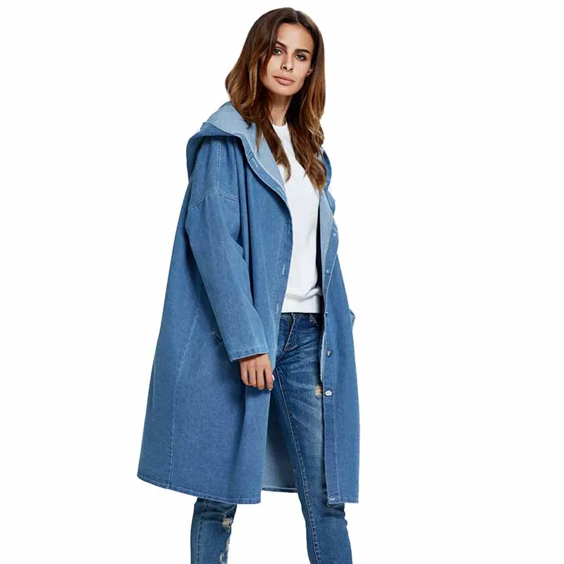 

Large size Denim Trench Coat Women Spring Autumn Long sleeve Hooded Jeans Windbreaker Long Coat Female Basic Casual Outerwear