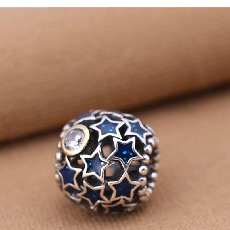 

Gold Color Night Sky Blue Enamel Star Charm Beads Fit Bracelet Authentic 925 Sterling Silver Openwork Star Jewelry