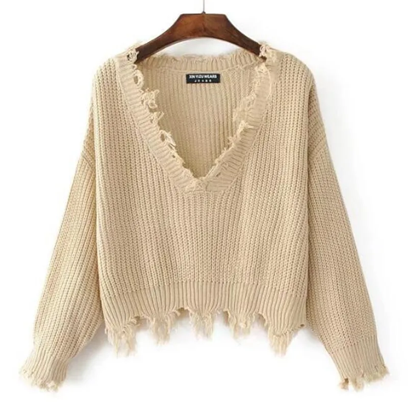 

Sexy V neck Tassel Hem Irregular Sweater Vintage Woman Fringed neck Loose Knitted Pullover Knitwear