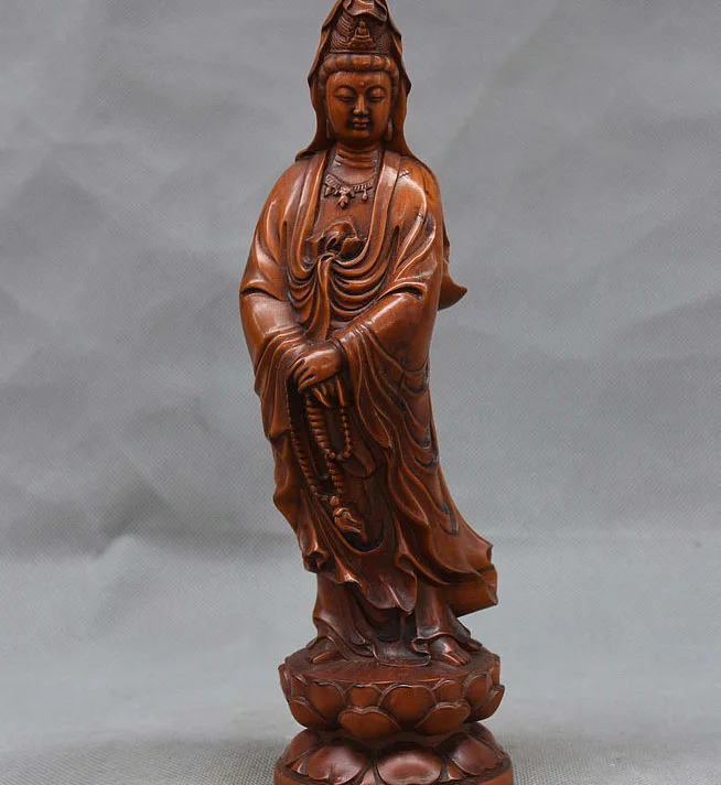 

China Buddhist Boxwood Hand Carved GuanYin Kwan-yin Bodhisattva Hold Bead Statue