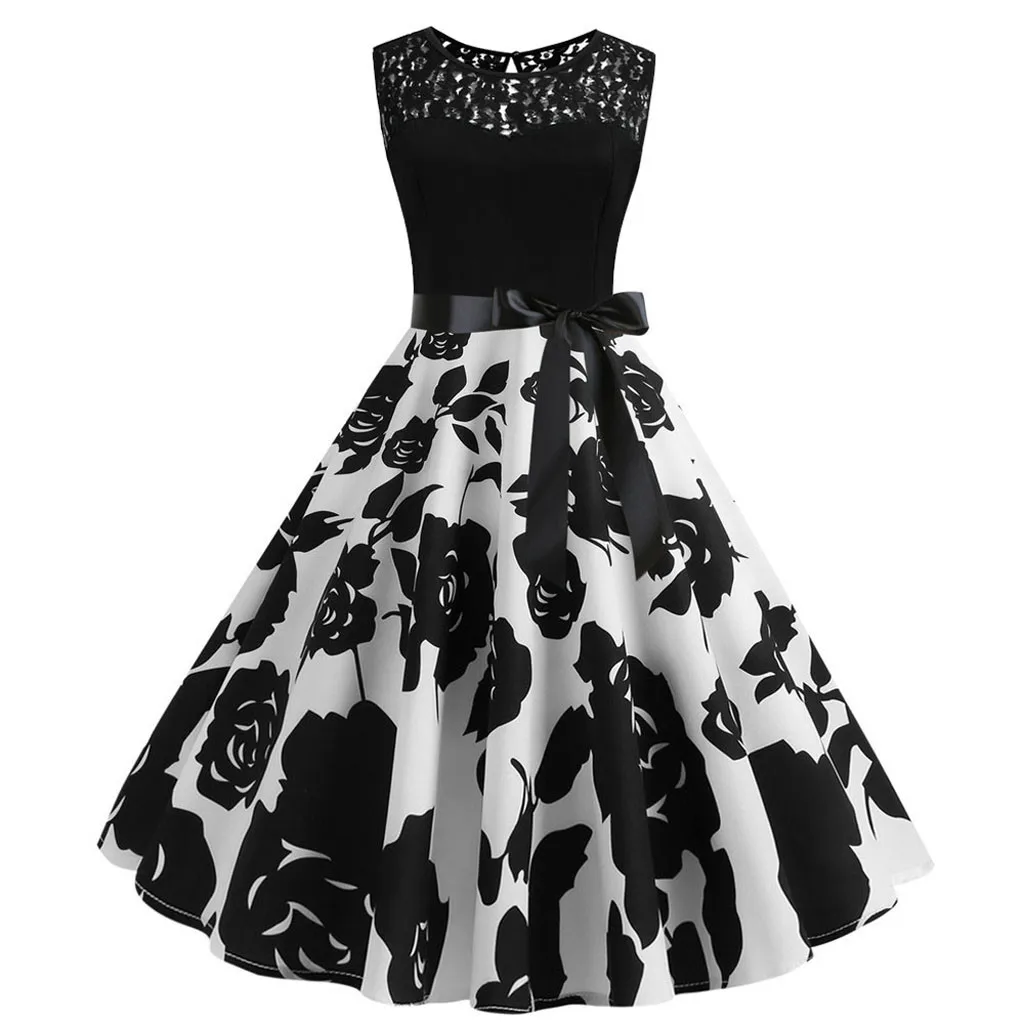 

Plus Size Short Sleeve Dresses Women Vintage Sleeveless Lace Splice Print Casual Evening Party Prom Swing Dress