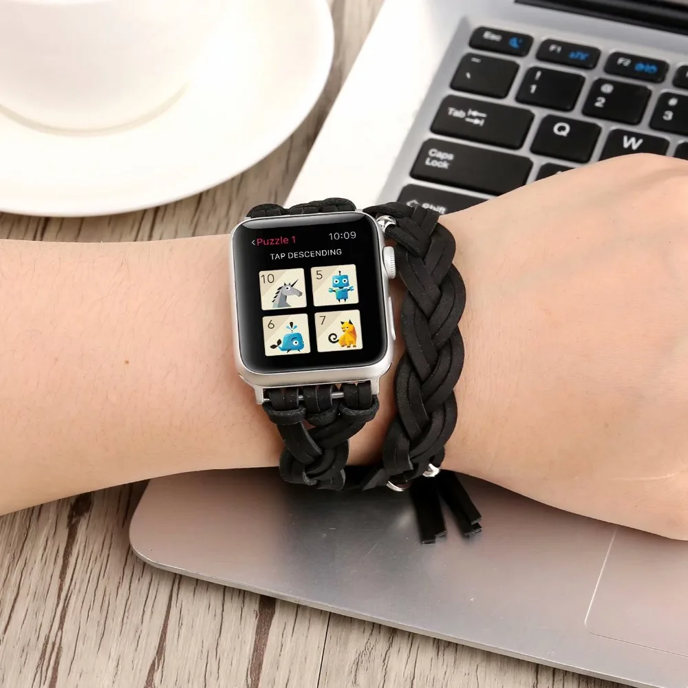 Плетеный браслет из натуральной кожи для Apple Watch 38/42/40/44 мм удлиненный двойной