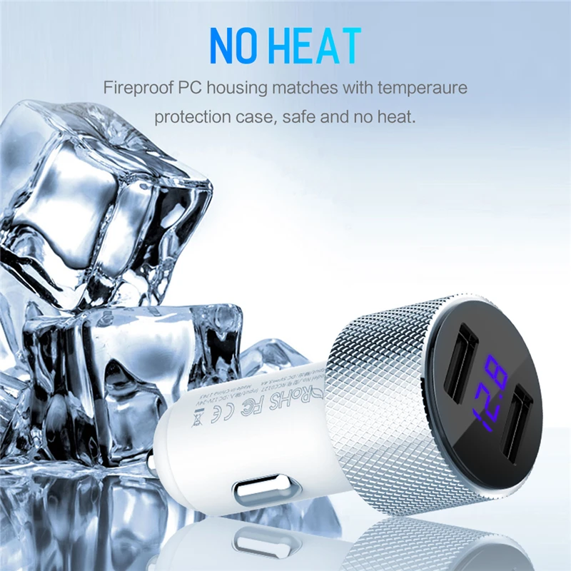 ROCK 5V 3.4A Metal Dual USB Car Charger Digital Display For iPhone X 8 XS MAX 7 Xiaomi Samsung Fast Charging Voltage Monitoring