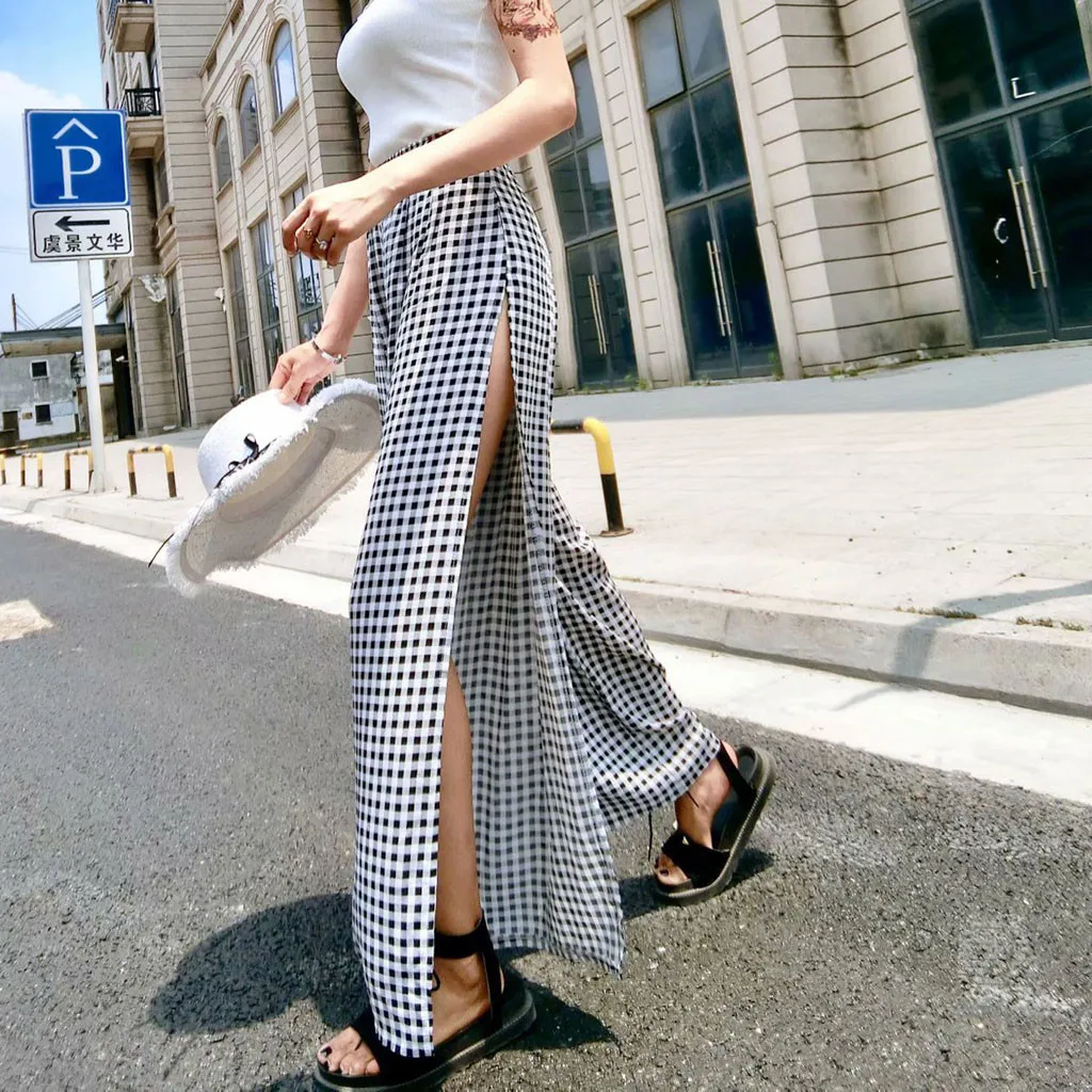 

Fashion Women High Split Plaid Lace Up Side Slit Casual Sexy Wide Leg Pants