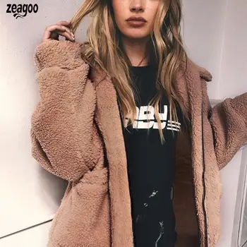 

Women Casual Turn Down Collar Long Pockets, Zipper Winter Sleeve Solid Loose Cardigans Plush Jacket