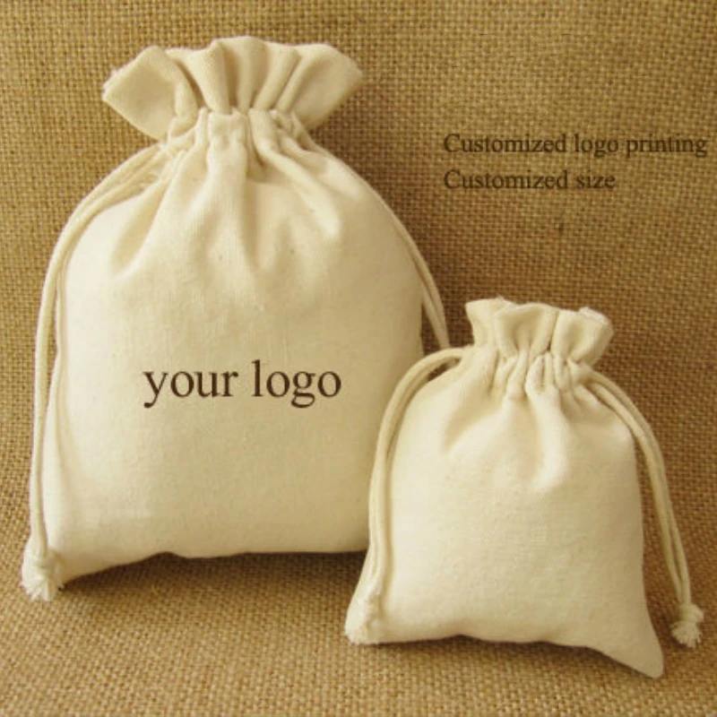 

50PCS Canvas Drawstring Bag Jewelry Packaging Cotton Pouch Cosmetic Gift Wedding Party Shoe Reusable Sachet Custom Logo Print