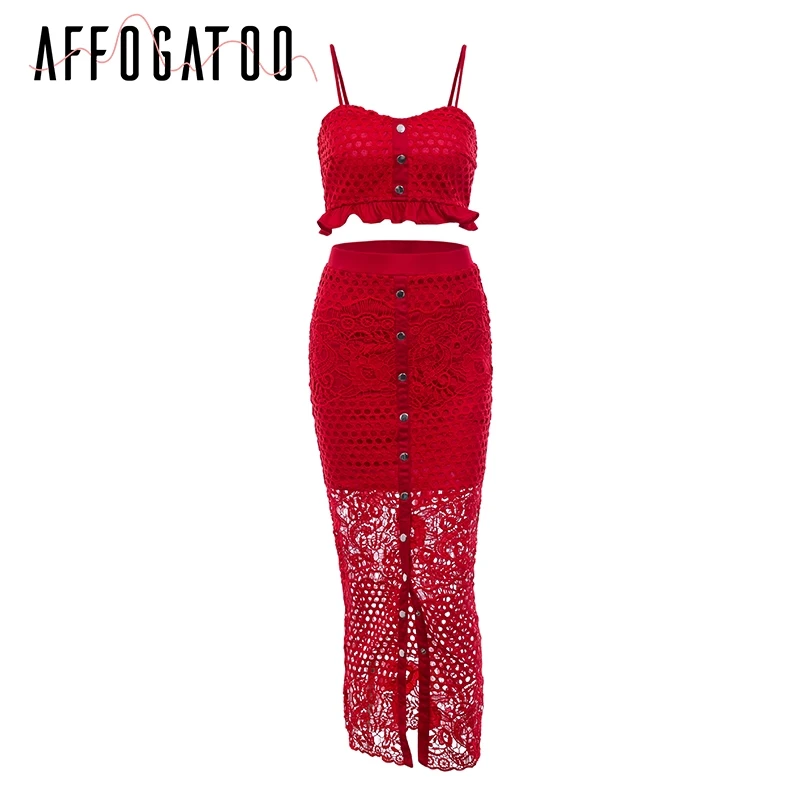 Afogatoo, сексуальный кружевной комплект из двух предметов, женское летнее платье на бретельках, на пуговицах, длинное платье, повседневные, вечерние, для клуба, женское платье - Цвет: Красный
