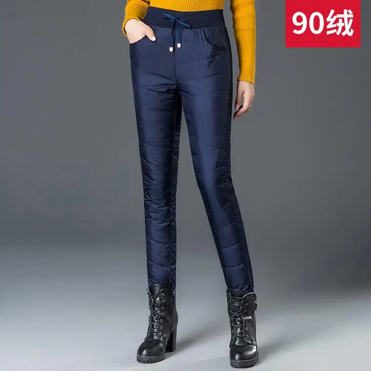 Зимние женские s пуховые брюки уличные с высокой талией толстые плюс размер белые брюки на утином пуху женские теплые узкие брюки 4xl - Цвет: dark blue A-8527S