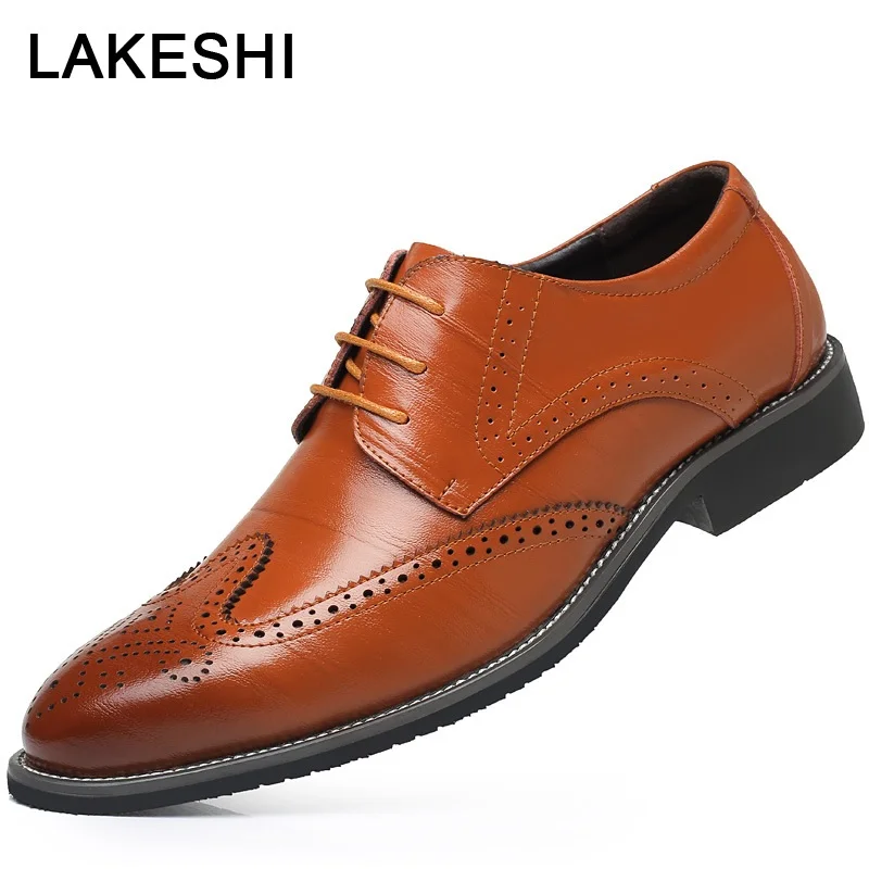 

Luxury Leather Formal Men Dress Shoes Genuine Leather Lace Up Brogue Shoes Flats Oxfords For Men Wedding Office Business Shoes