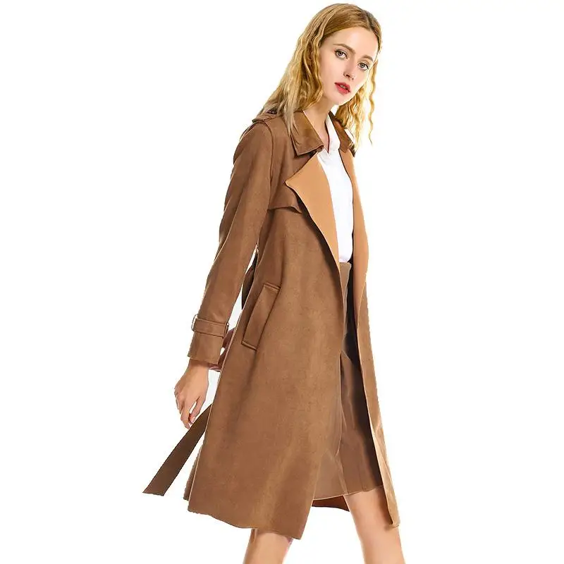 

Fashion New Autumn Winter Women Suede Leather Jacket Turn Down Collar Sash Coat Pocket Windbreaker Elegant Long Sleeve Outwear