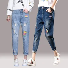 Новинка года, весенне-летние новые джинсы женские прямые джинсы средней длины по щиколотку женские рваные свободные модные брюки толстые мм 26-32