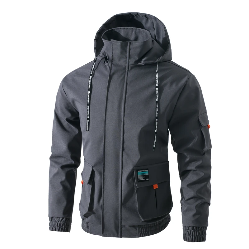 

Jacket men's spring solid color detachable cap loose large size 5XL large pocket sling coat cuff hem elastic high quality jacket