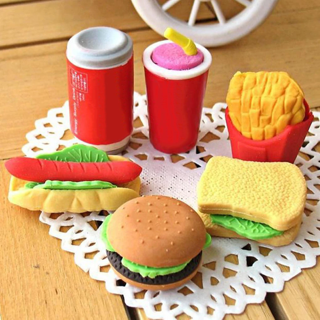7pcs/set Erasers Fries Hot Dogs Coke Cans Small Cake Sandwiches Food