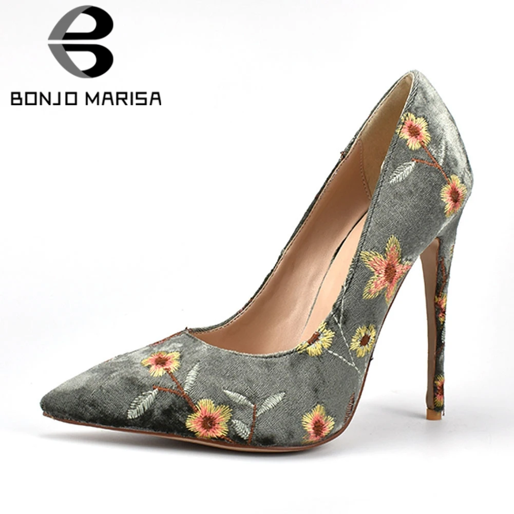 

BONJOMARISA New Fashion Flock Shallow Flower Thin High Heel Pointed Toe Shoes Woman Casual Party Spring Autumn Pumps