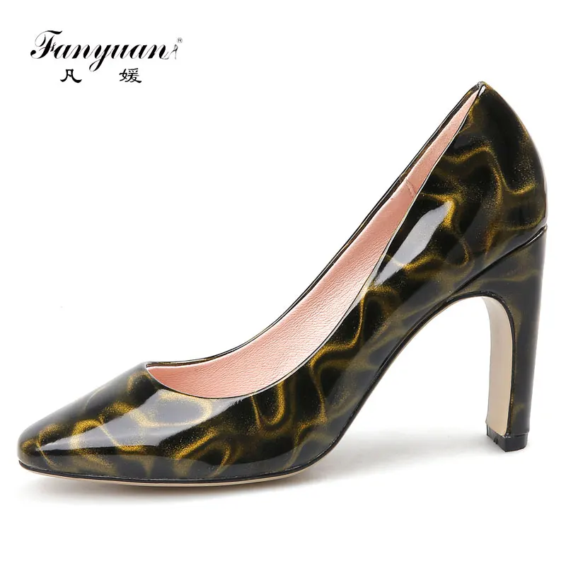 Fanyuan Women High Heel Pumps Mix color Thick Heel Pumps Round Toe Pump