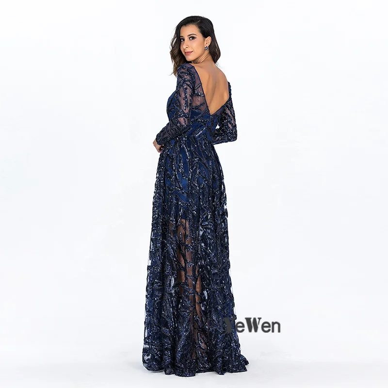 Royal Blue O-Neck Lace Dubai Evening Dresses Long Sleeves Sequin Luxury Party Prom Gown Floor-Length robe de soiree YW100156