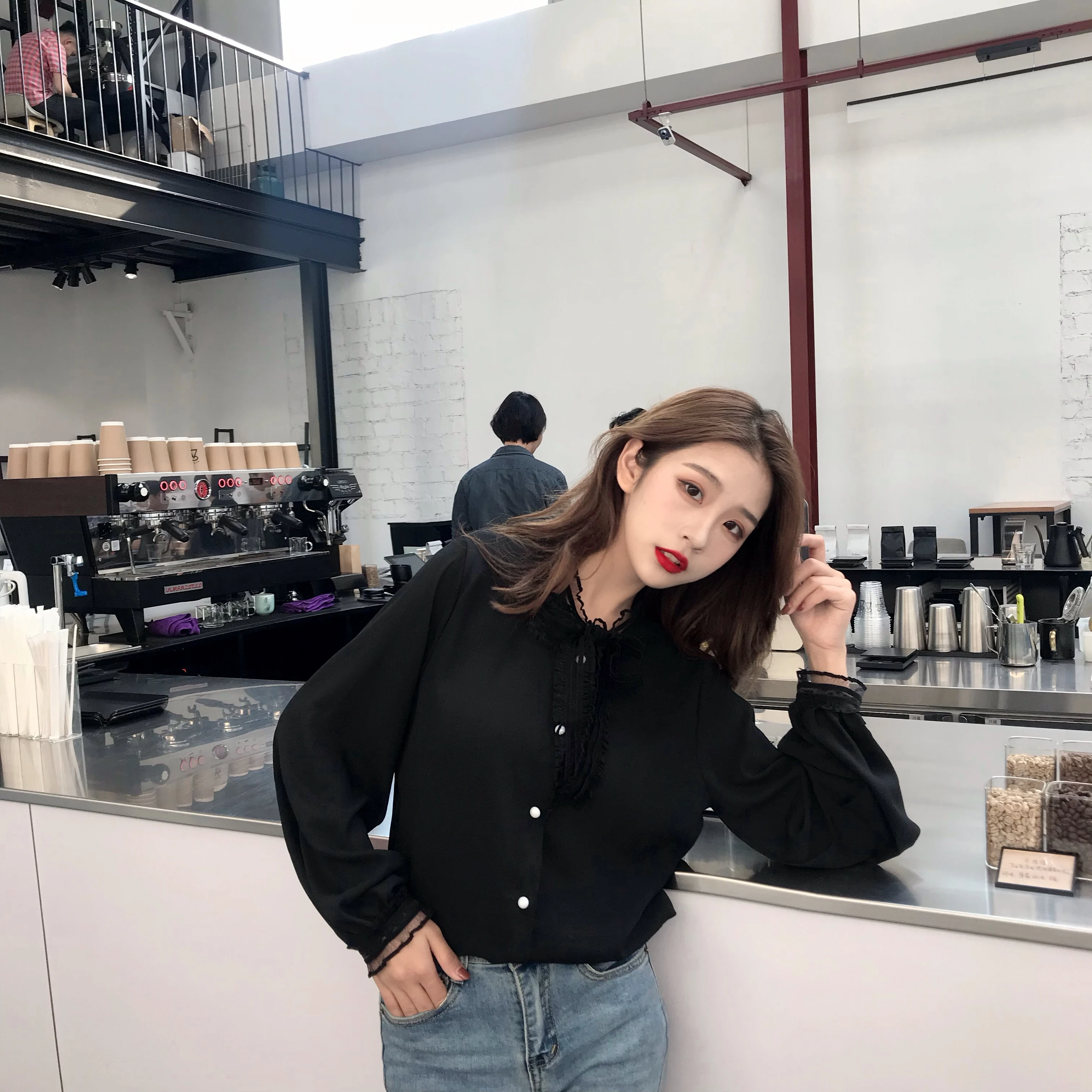 Chiffon para Mulheres Camisas Femininas Primavera Moda Arco Longo Lanterna Manga Elegante Confortável Feminino Lazer Único Breasted Doce Chique 22 manga chiffon das mulheres elegante confortável feminino
