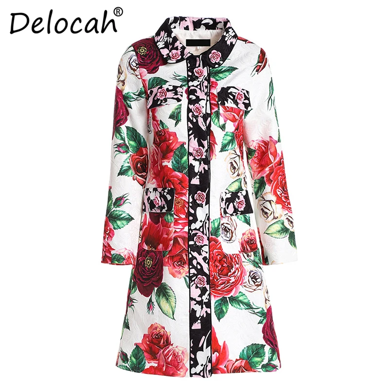 

Delocah Autumn Winter Women Coat Runway Fashion Design Single Breasted Flower Printed Outerwear Overcoat Coat