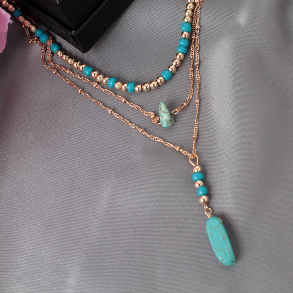 Necklace For Women Popular Wood & Blue Stone Beads Chain Layering Necklace Fashion Jewelry 2018 For Girl NL15850