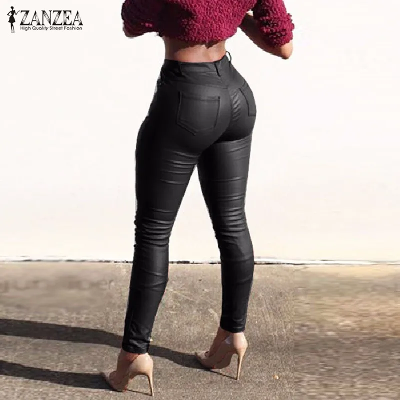 Мода ZANZEA, женские Сексуальные облегающие Стрейчевые длинные штаны, одноцветные брюки из искусственной кожи, брюки-карандаш с высокой талией и карманами на молнии