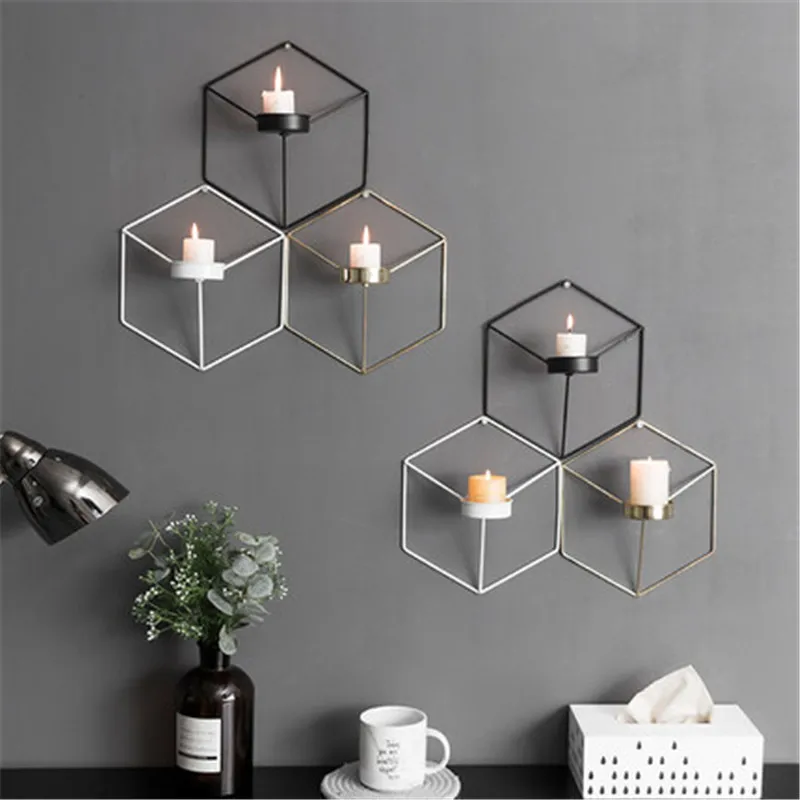 

Yooap 3D Iron Wall Candle Holder Ornaments Sconce Wall Mounted Geometric Candlestick, Holders Matching Small Tealight Home Decor