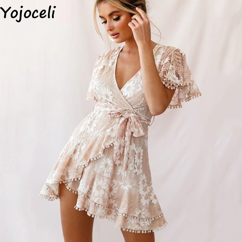 Yojoceli/элегантное кружевное платье с цветочным принтом женские летние сексуальные