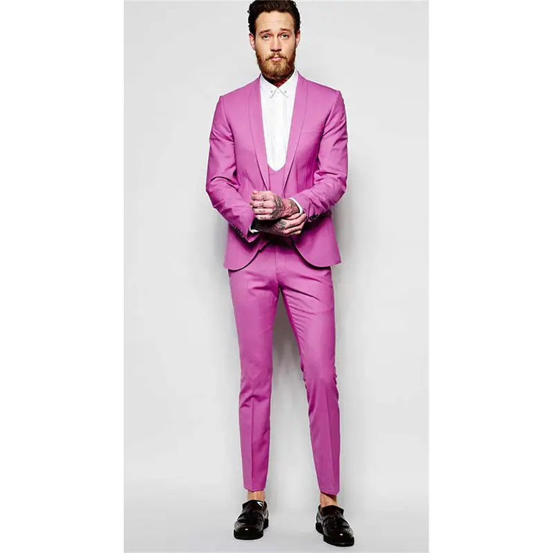 Men Slim Fit Suit Hot Pink Groom Wedding Tuxedos Houndstooth Formal Prom Suits
