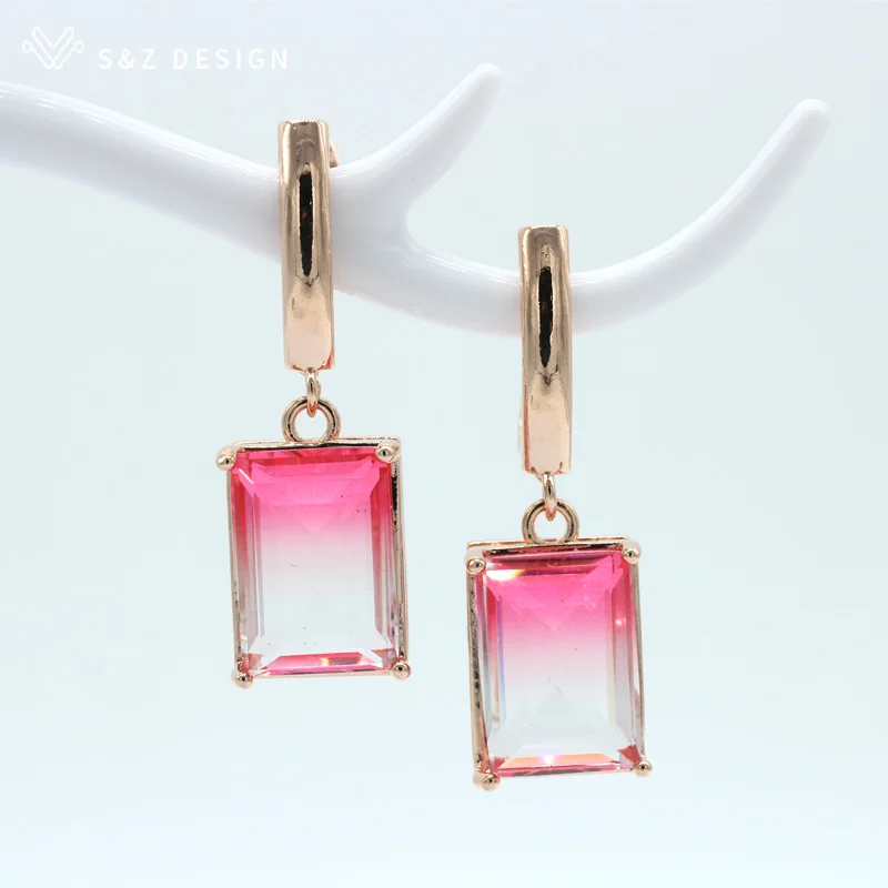 S& Z квадратные градиентные длинные серьги Новая мода 585 розовое золото-цвет ювелирные изделия Турмалин Циркон стеклянные серьги-подвески - Окраска металла: Pink-White