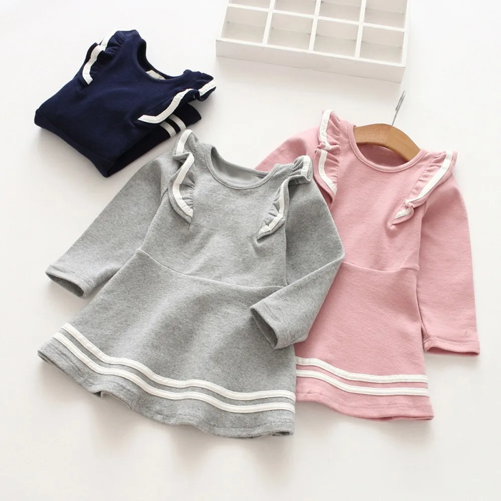 

Toddler Kid Baby Girl Long Sleeve Solid Stripe Ruffles Party Princess Dress Tops winter dress girls kinder feest jurkjes