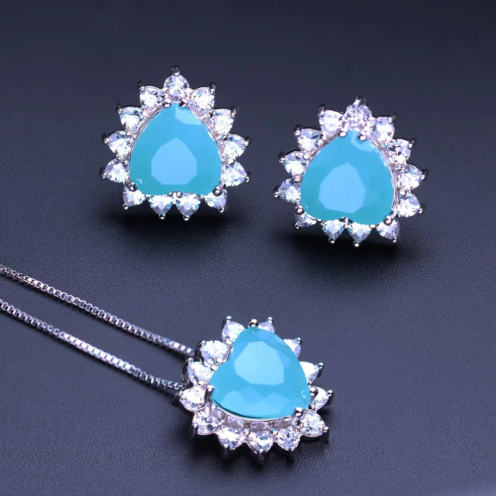 

Milky Blue Heart Shape Jewelry Set Cubic Zirconias Paved Pendant Necklace & Stud Earrings for Women Fashion Jewelry SFX003852
