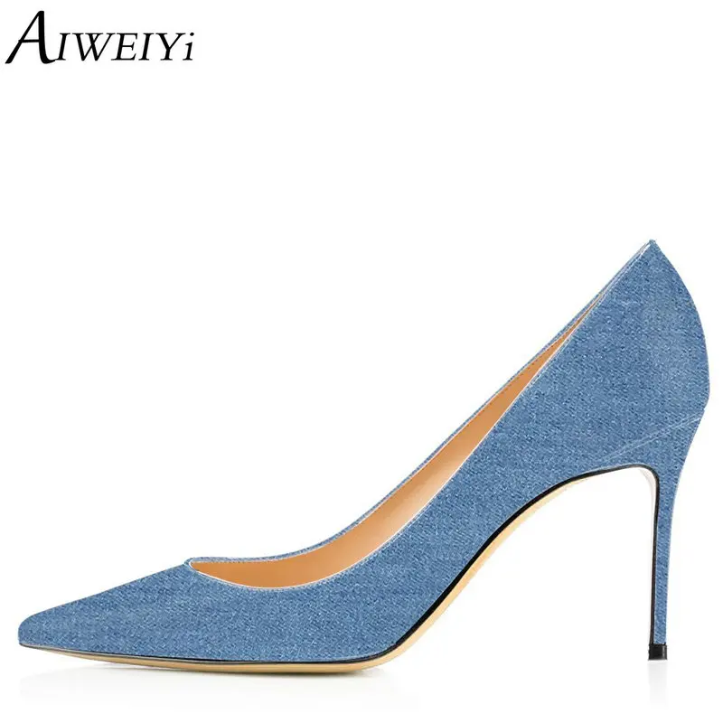 

AIWEIYi Women's Stiletto High Heels Denim Skin Pointed Toe Shoes Woman Slip On Platform Shoes Ladies Wedding Pumps Brand Shoes