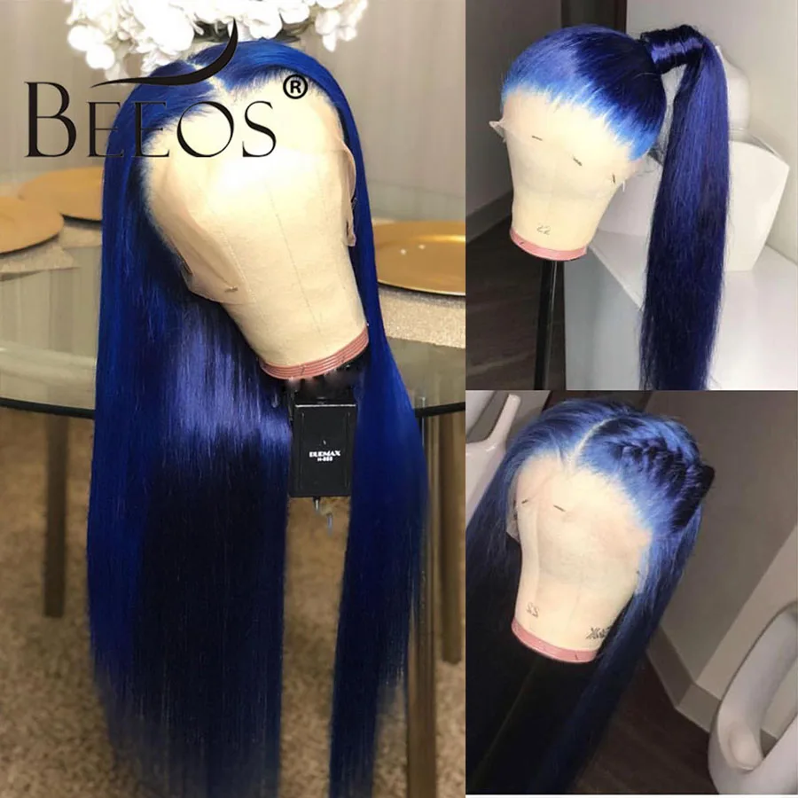 Beeos Colored Blue 150% 13*6 Lace Front Human Hair Wigs Pre Plucked Hairline Brazilian Transparent Lace Wig with Baby Hair Remy