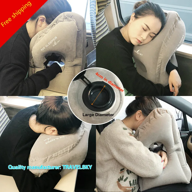 

Comfortable Light Flocking Travel Pillow Inflatable Pillow Artifact Office Student Napping Pillow Train Airplane Pillow