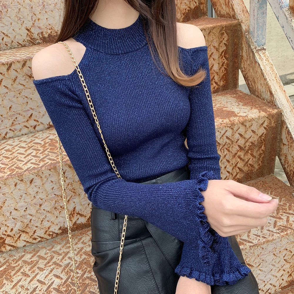 

fall winter female Pullover turtleneck sweaters thin slim tops moda feminina brand hipster Women off shoulder Knitted sweater