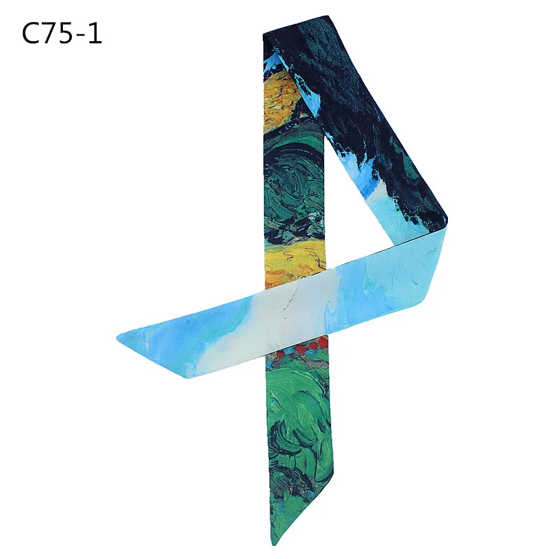 Slender Strip Narrow Ribbons Art Wheat Field Almond Flower Starry Sky Oil Painting Tie Bag Handle Twill Silk Scarf Hair Bands