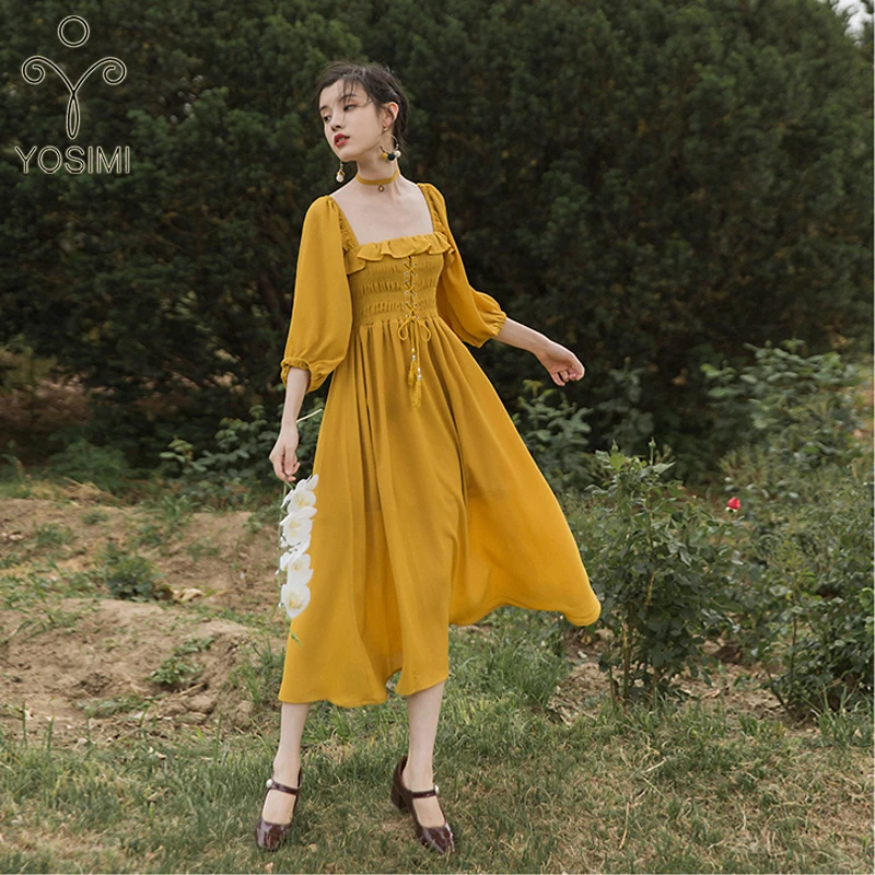 

YOSIM Summer Dress 2019 Long Dress for Women Elastic Chiffon Yellow Dresses Tunic Strapless Evening Party Mid-Calf Bandage Dress