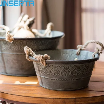 

JINSERTA Metal Storage Tray Iron Storage Bucket with Handle Retro Home Sundries Garden Decorative Flower Bucket