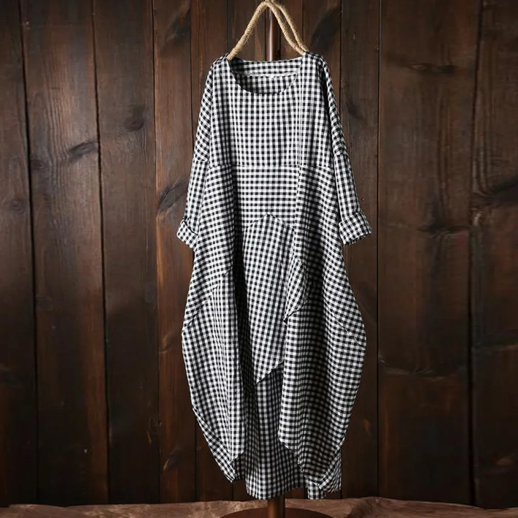 

Summer Dress Fashion Women Plus Size Loose Full Sleeve Plaid Long Dresses 2019 Casual Lattice Cotton and Linen Easy Maxi Dress